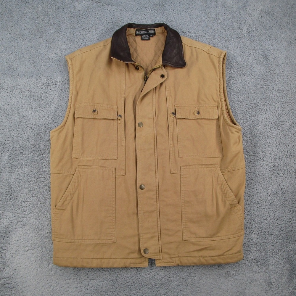 The J. Peterman Company Men XXL Tan Canvas Field Vest Leather Trim Vintage